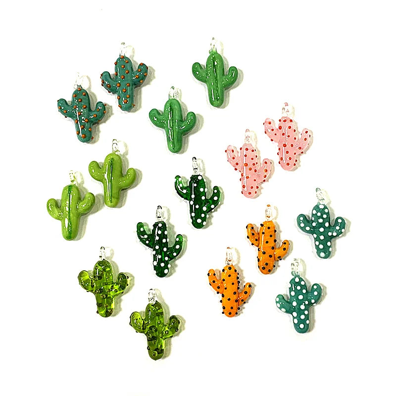 2pcs Creative Cute Cactus Glass Charms Miniature Plant Pendant Ornaments For DIY Fashion Jewelry Necklace Making Accessories 3cm